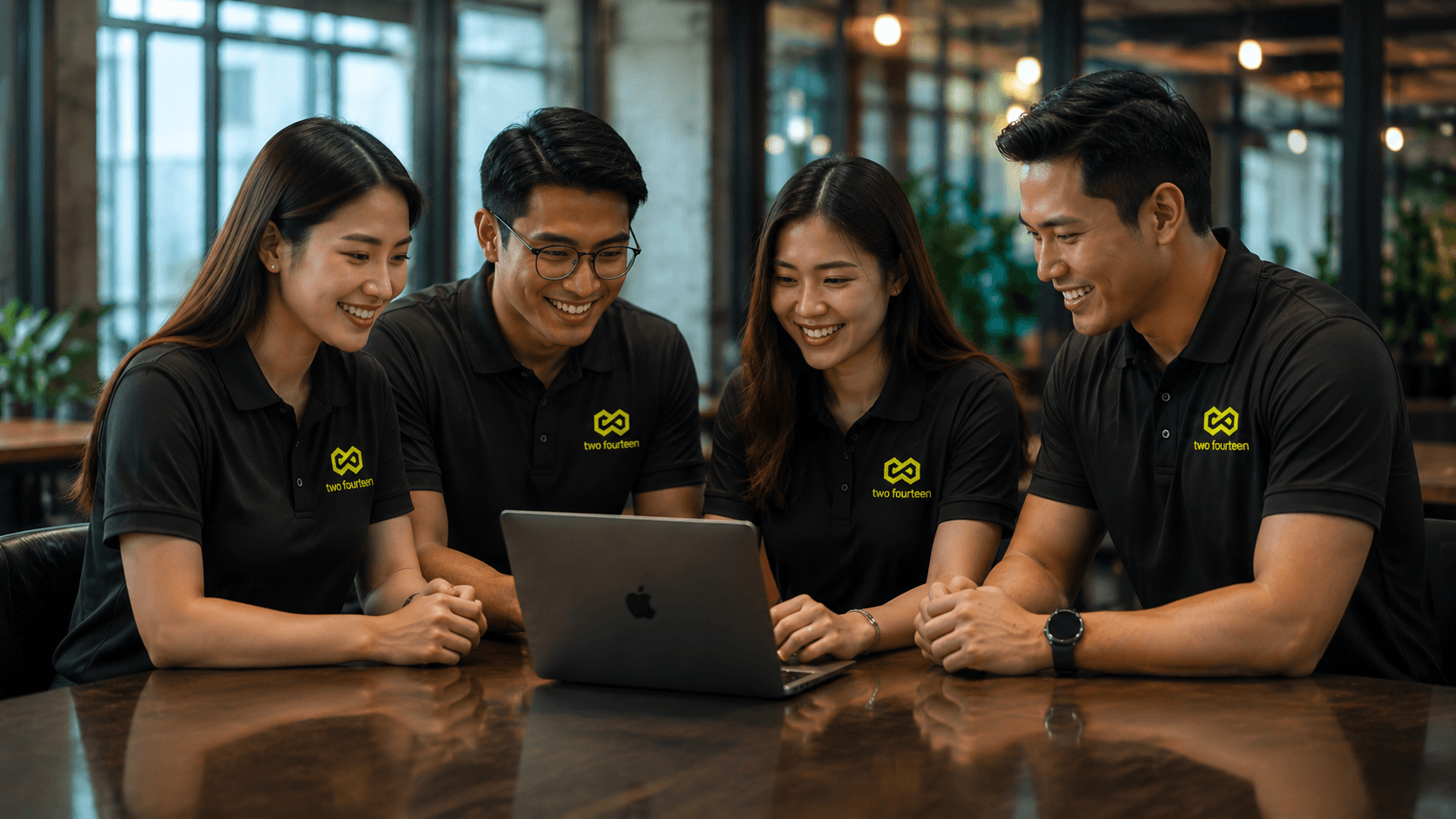 Employees looking at a laptop